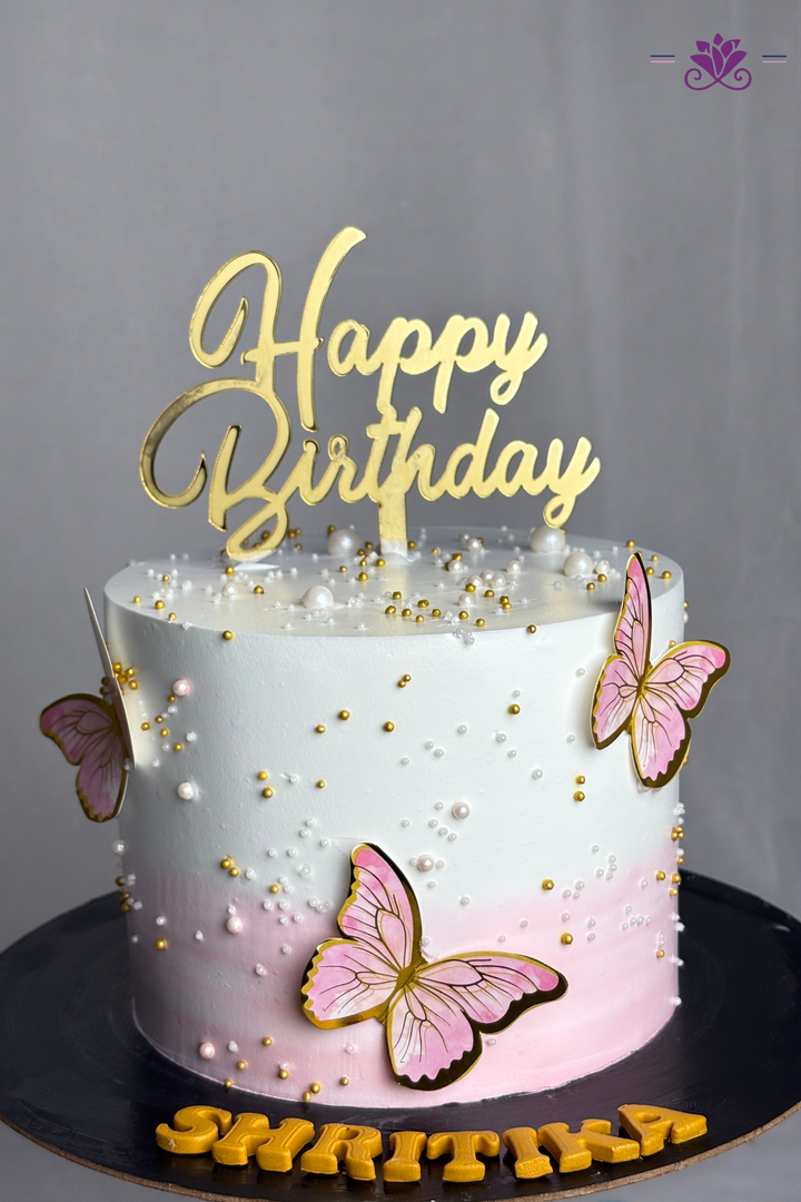 Pastel Pink Ombré Golden Butterfly Birthday Cake