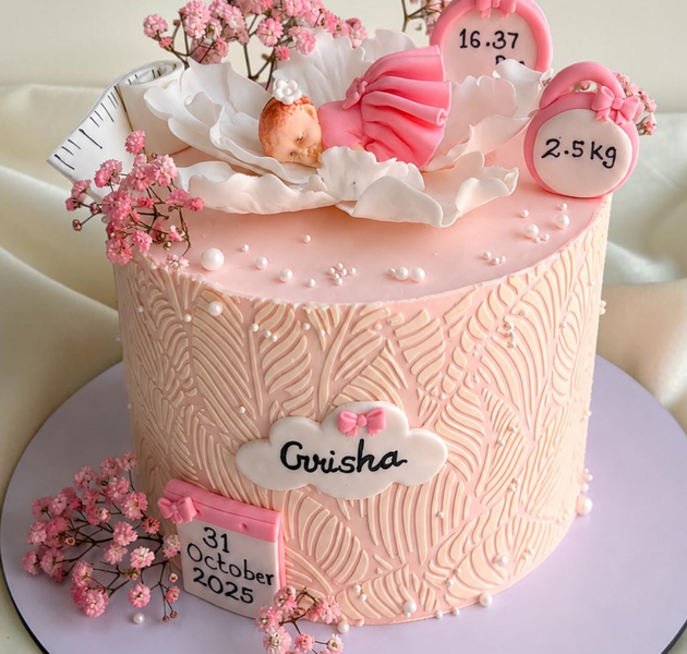 Delicate pink baby girl birth announcement cake