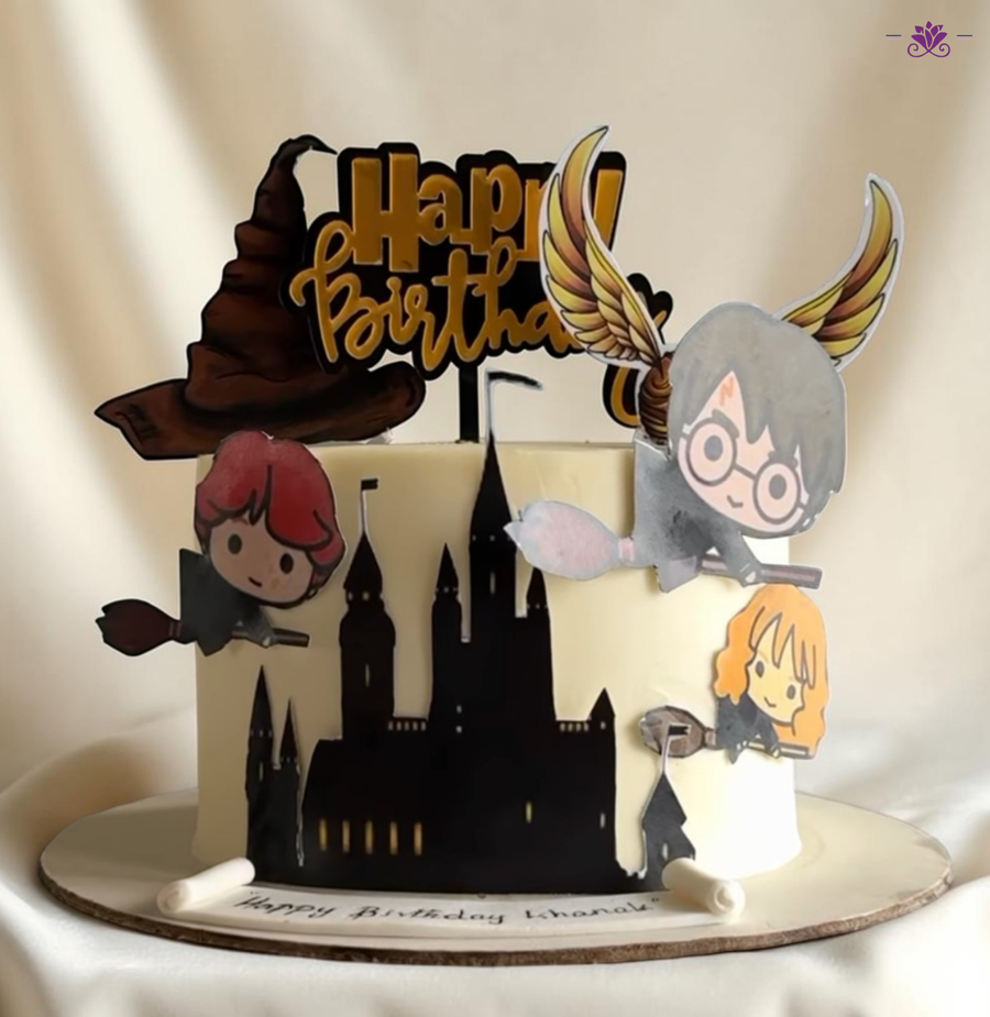 Harry Potter Theme Birthday Cake with Hogwarts Castle Design & Character Toppers (Eggless Designer Cake)