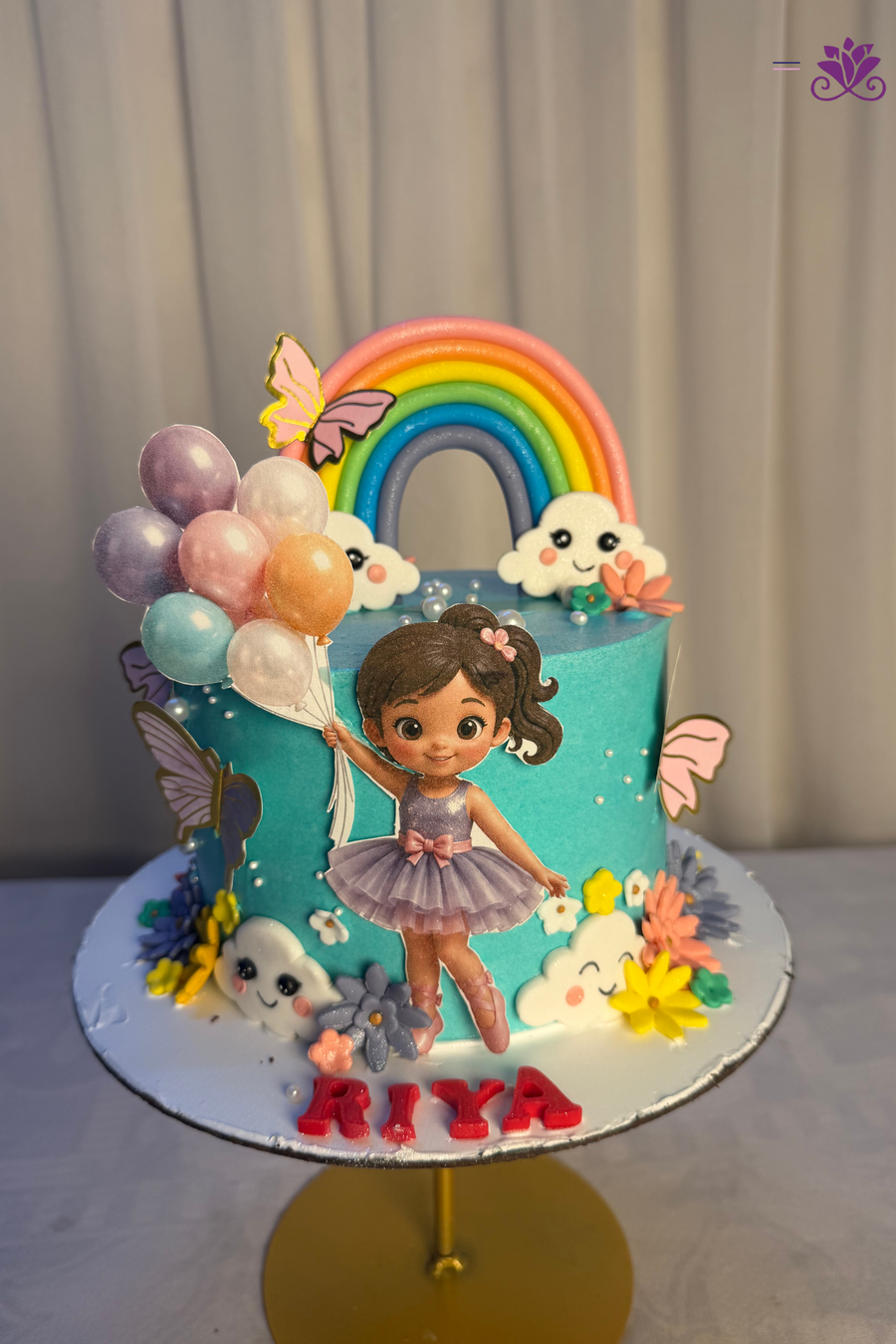 Rainbow Sky Ballerina with Pastel Balloons Birthday Cake