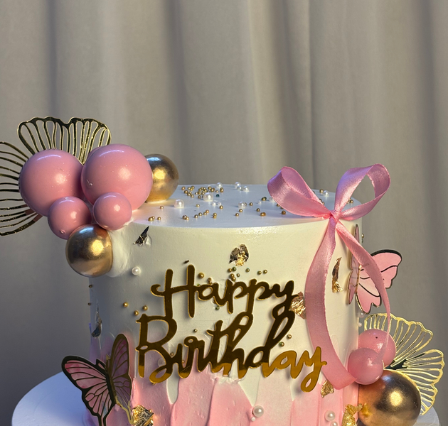 Chic Pink Ribbon & Gold Butterfly Birthday Cake