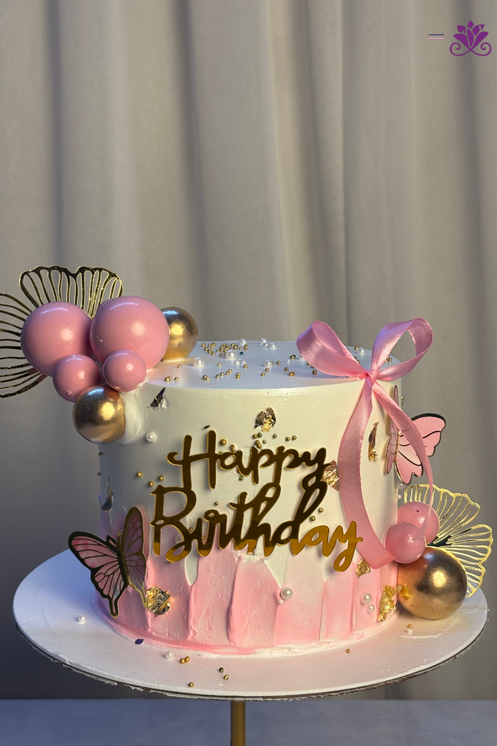 Chic Pink Ribbon & Gold Butterfly Birthday Cake