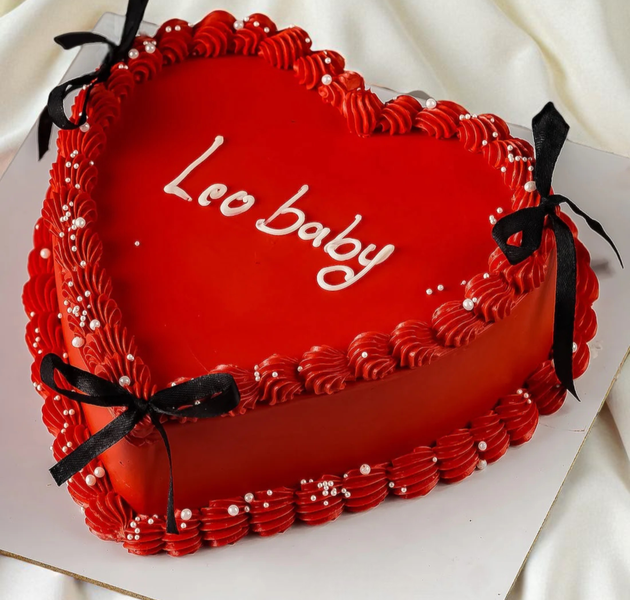 Classic Red Heart Shape Romantic Cake with Pearl & Ribbon Detailing