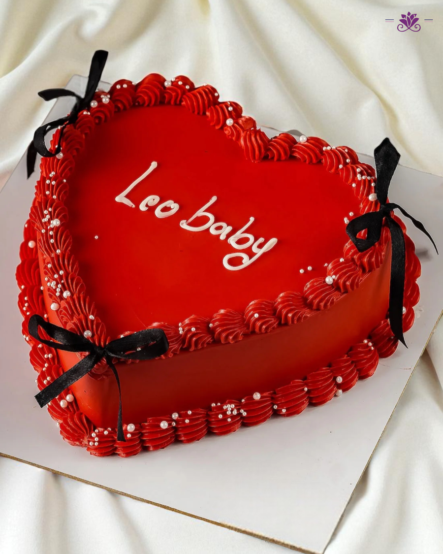 Classic Red Heart Shape Romantic Cake with Pearl & Ribbon Detailing