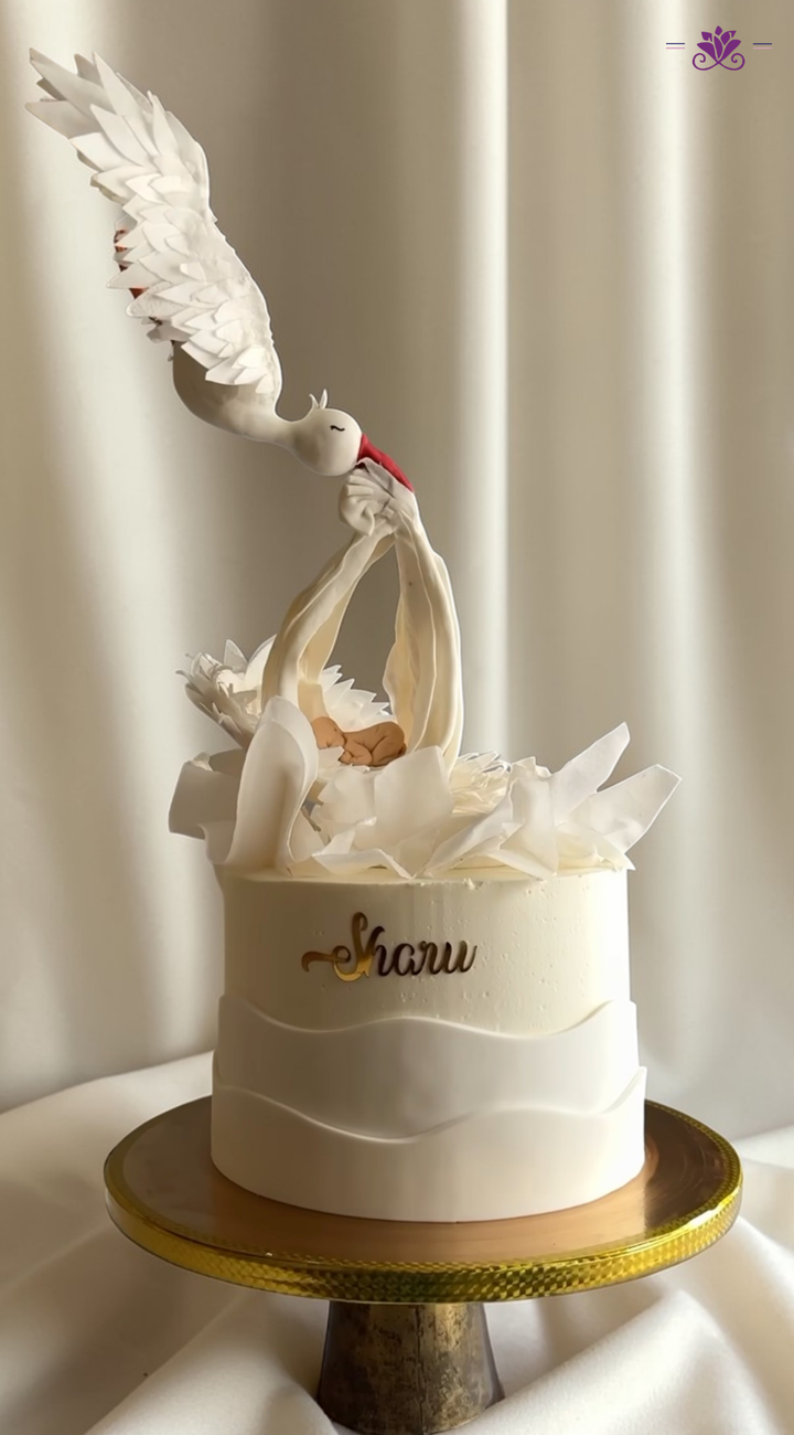 Luxury Stork Baby Arrival Cake with Elegant Minimal Design
