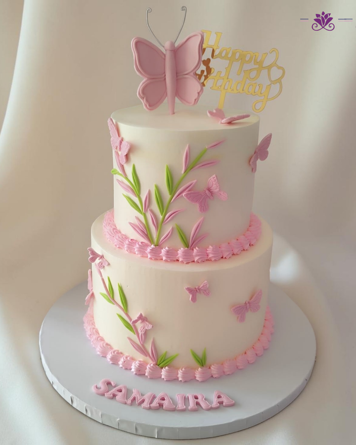 Elegant Pink Butterfly Floral Birthday Cake