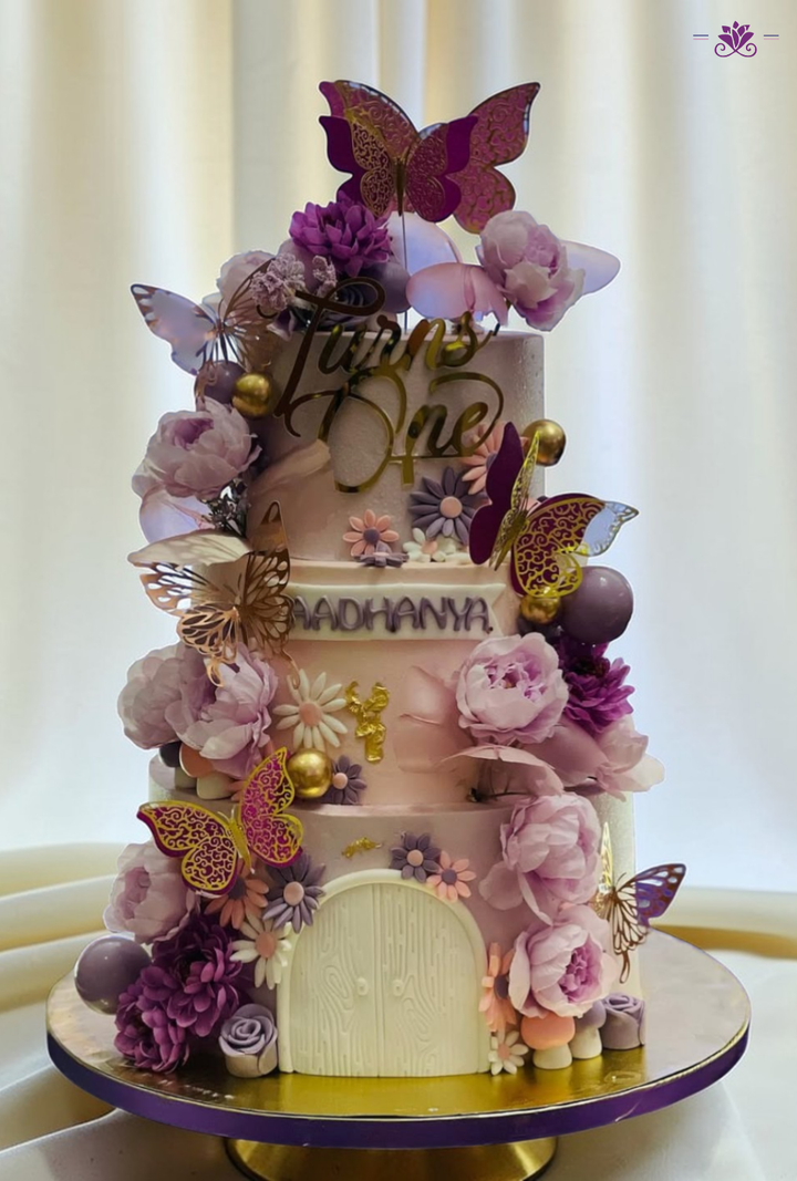 Luxury Butterfly Garden First Birthday Cake with Floral Design (Custom Name Cake)