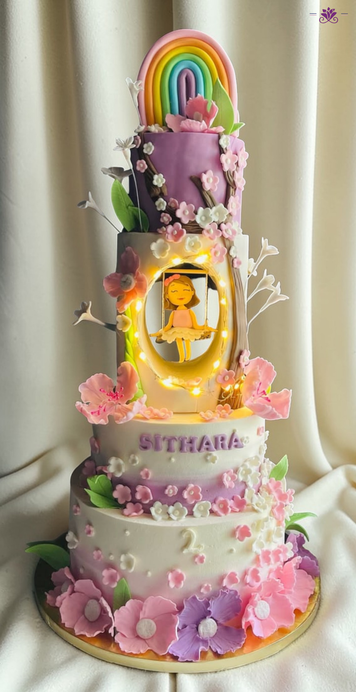 Enchanted Fairy Light Birthday Cake with Rainbow Garden Theme
