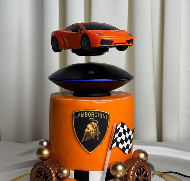 Levitating Lamborghini Supercar & Checkered Flag Birthday Cake