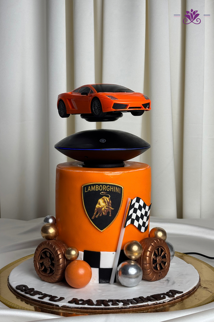 Levitating Lamborghini Supercar & Checkered Flag Birthday Cake