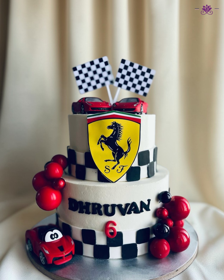 Ferrari Racing Theme Birthday Cake with Cars & Checkered Flag