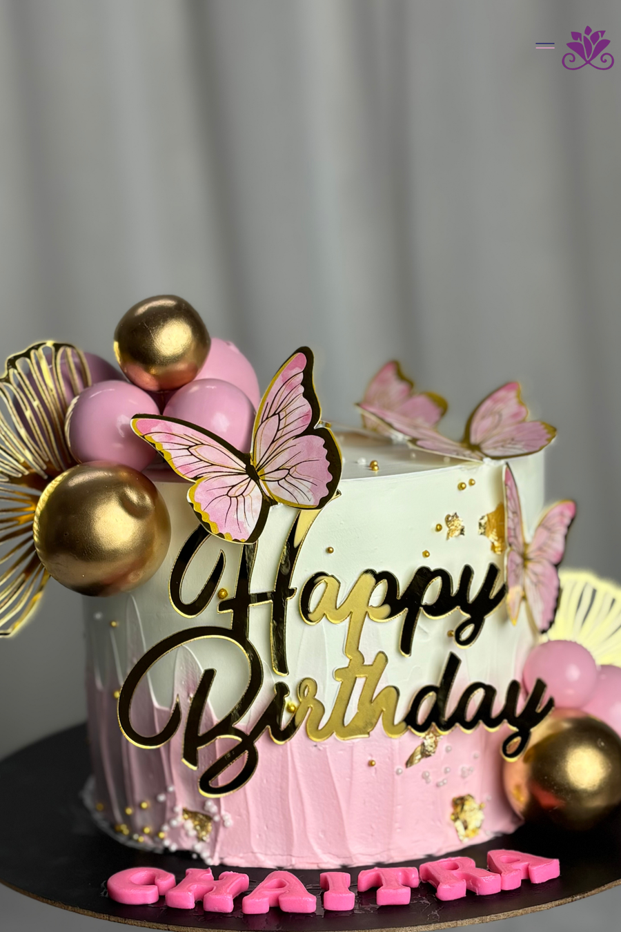 Blush Butterfly & Golden Palm Fan Birthday Cake