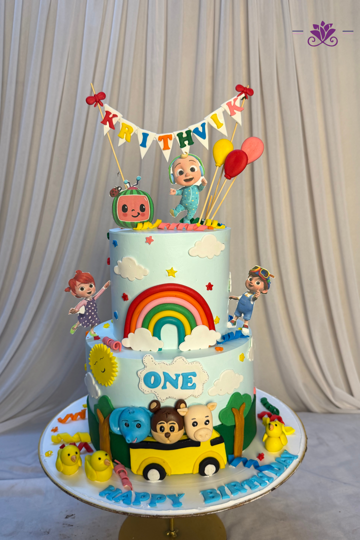 CoComelon Wheels on the Bus 2-Tier 1st Birthday Cake