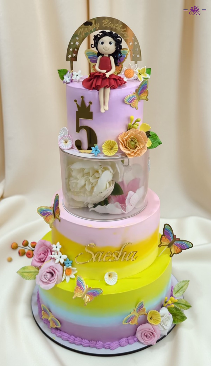 Butterfly Fairy Rainbow Theme Birthday Cake with Doll & Floral Design