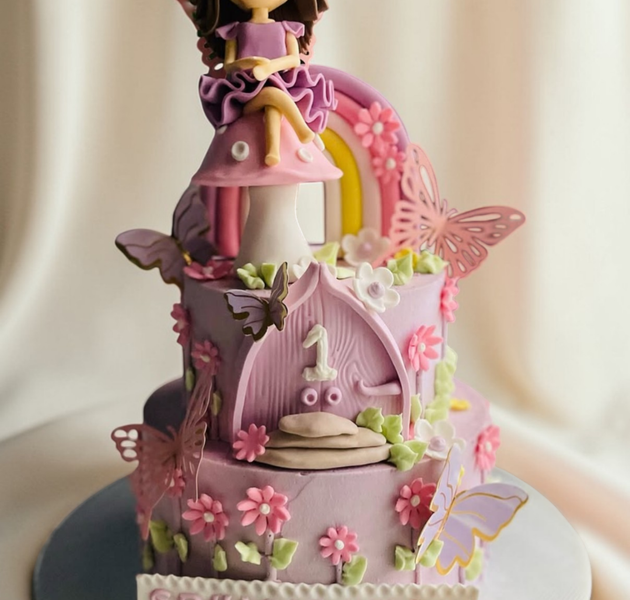 Fairy Princess First Birthday Cake with Butterfly Garden Theme