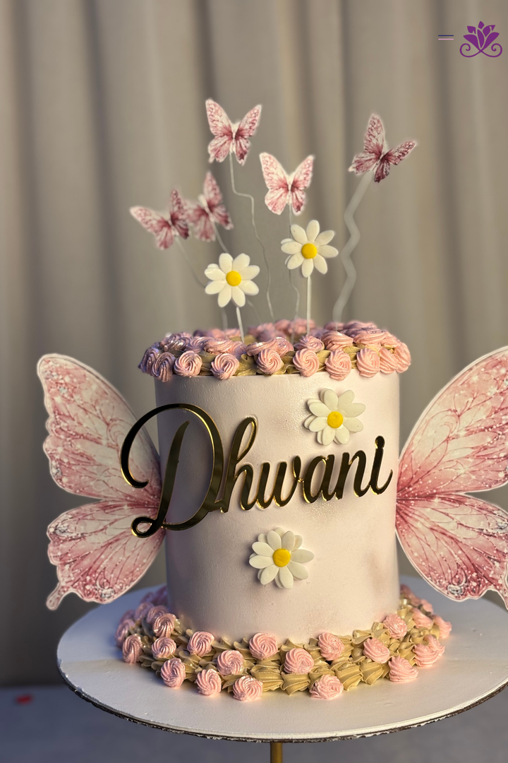 Whimsical Pink Butterfly Wings & Daisy Meadow Birthday Cake