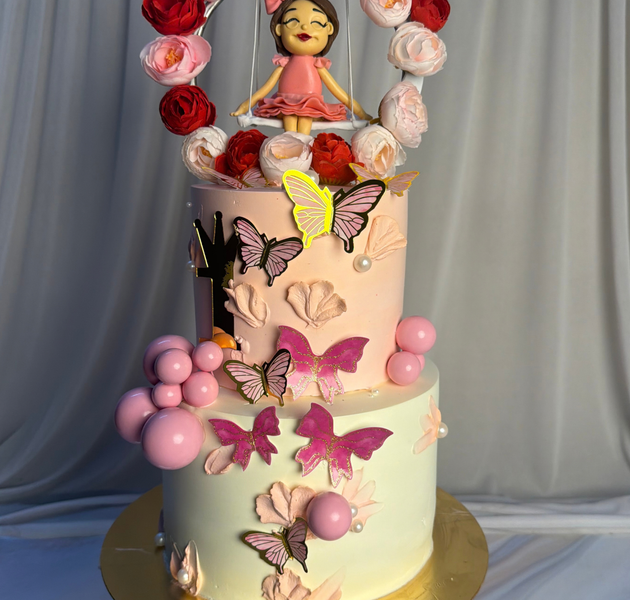 Floral Swing Doll & Butterfly Garden 2-Tier Birthday Cake