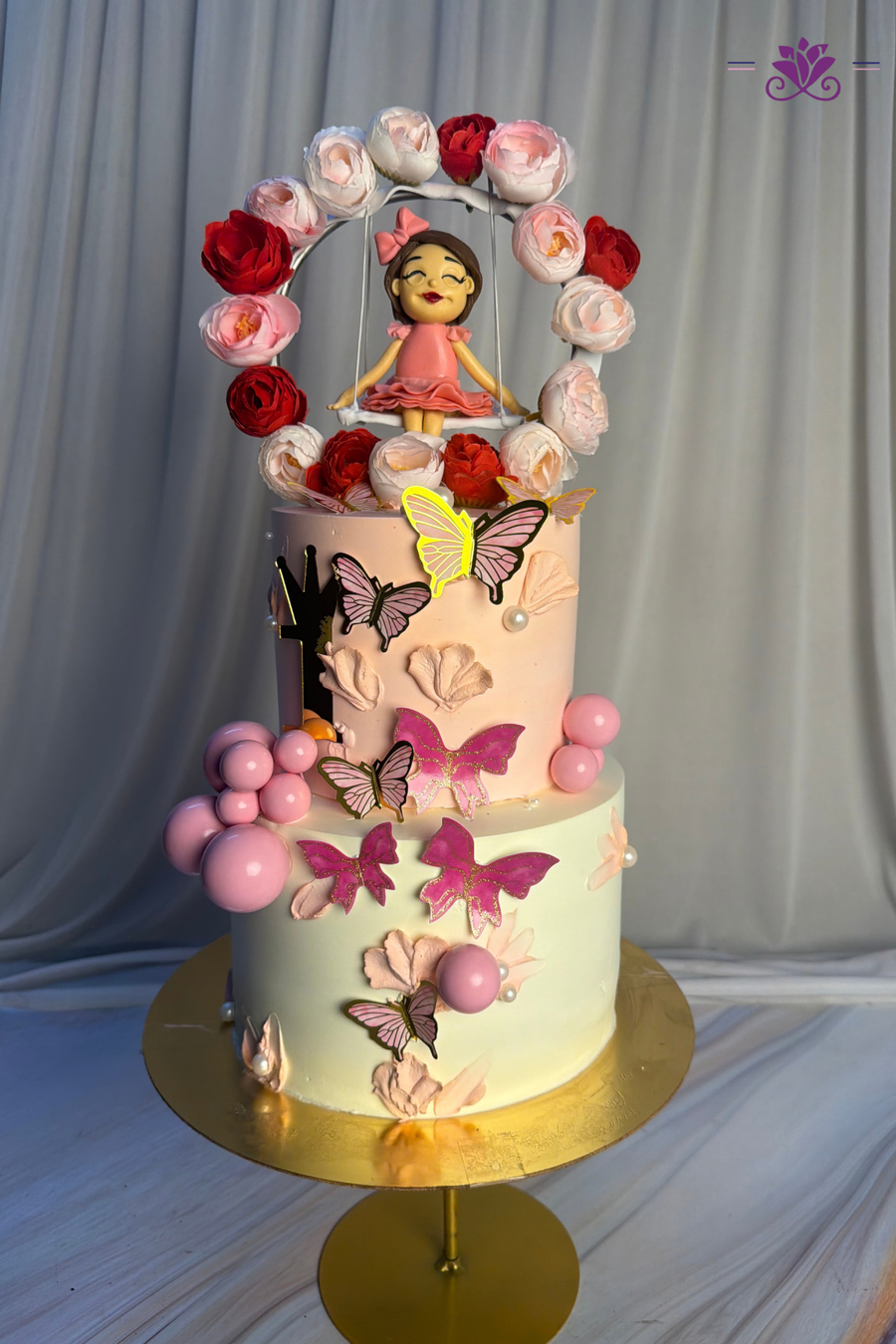 Floral Swing Doll & Butterfly Garden 2-Tier Birthday Cake