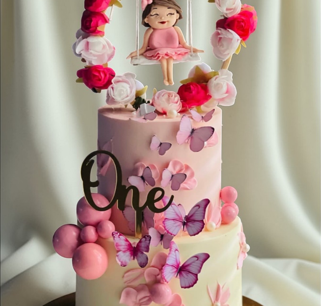 Floral Doll Swing Butterfly Birthday Cake for Girls