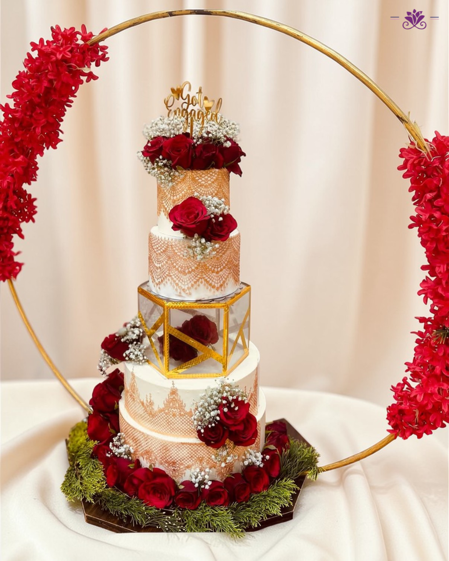 Luxury Engagement Ring Theme Cake with Red Roses & Golden Frame