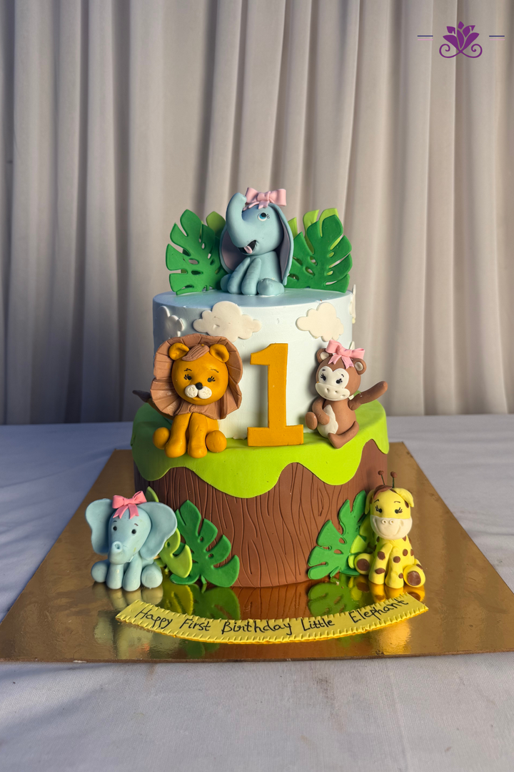 Wild One Safari Jungle & Baby Elephant 2-Tier 1st Birthday Cake