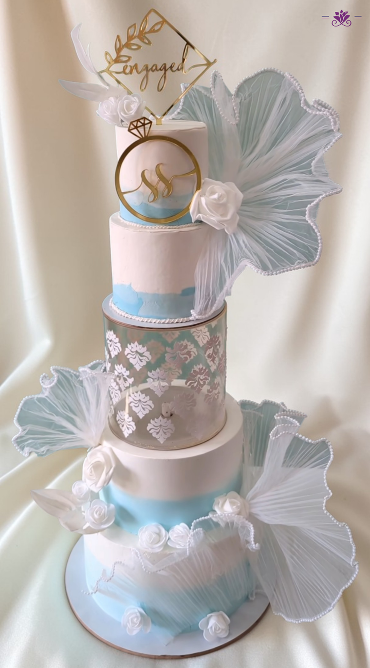 Luxury Engagement Tier Cake with Pastel Blue Theme & Elegant Floral Design