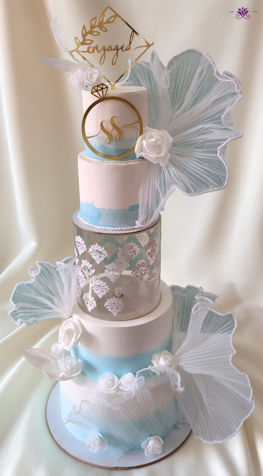 Luxury Engagement Tier Cake with Pastel Blue Theme & Elegant Floral Design