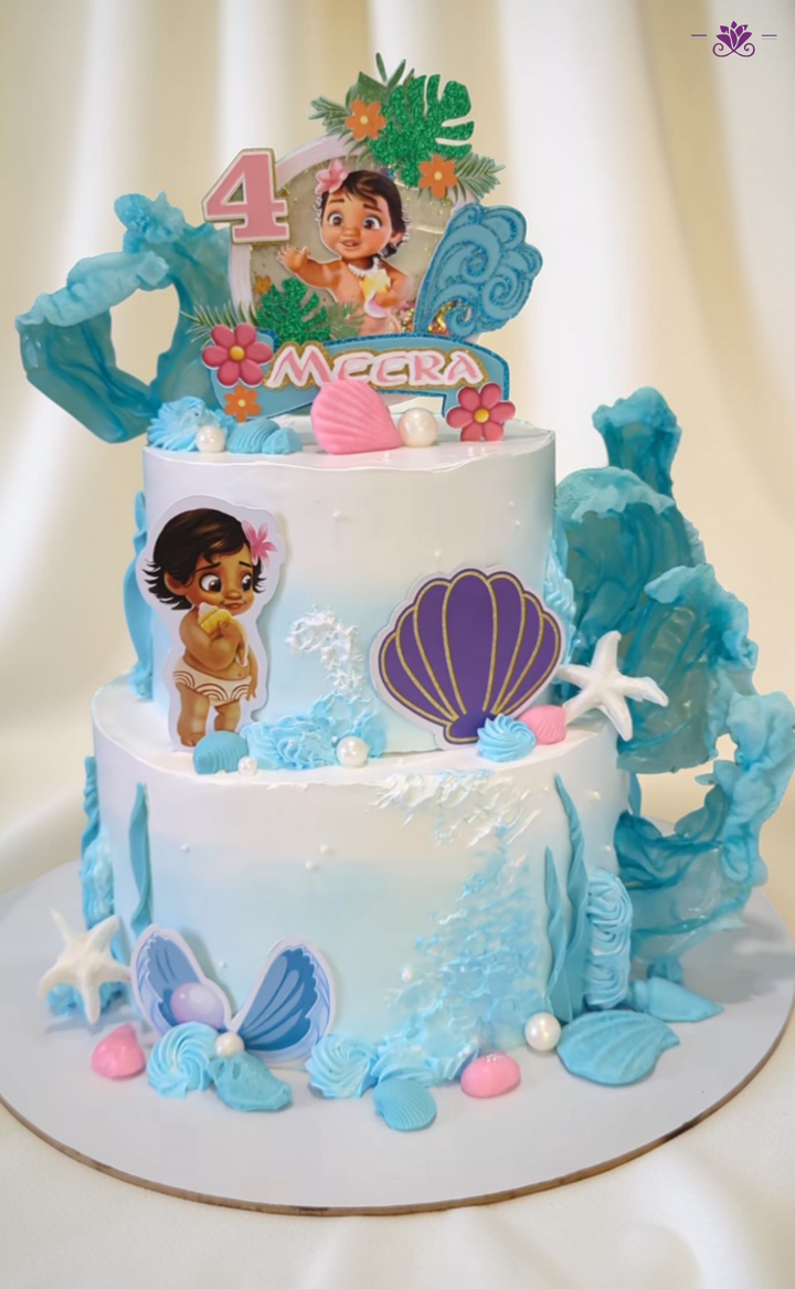 Moana Theme Ocean Birthday Cake with Wave Effect & Sea Shell Design