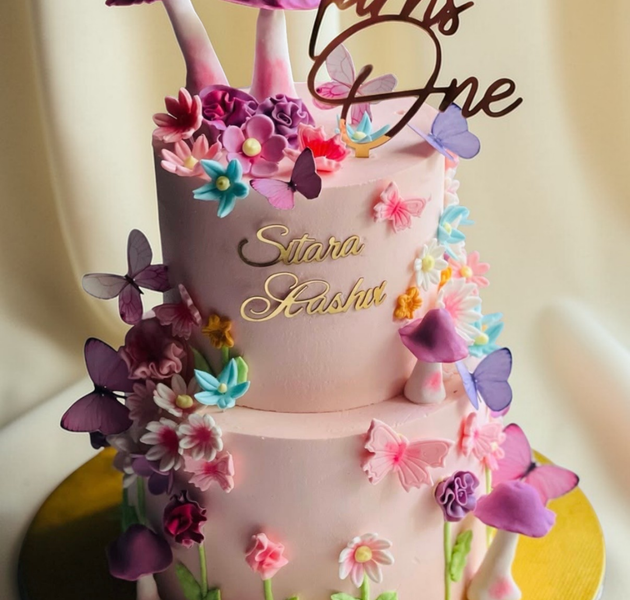 Butterfly Garden First Birthday Cake with Custom Name (Pastel Theme)