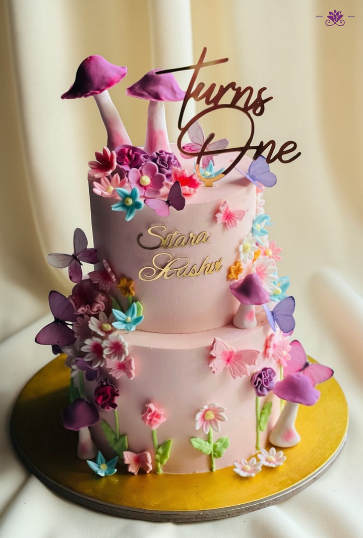 Butterfly Garden First Birthday Cake with Custom Name (Pastel Theme)