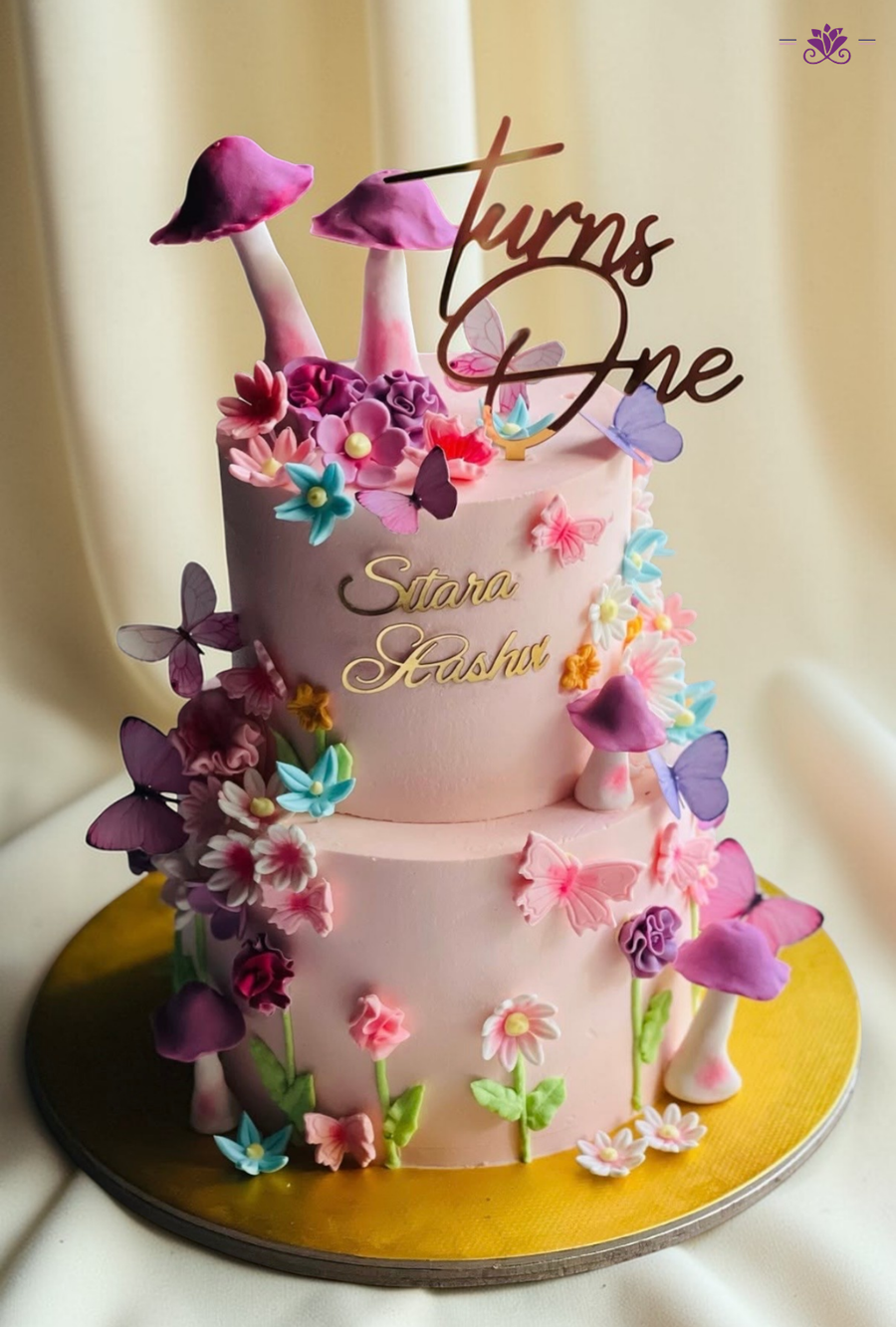Butterfly Garden First Birthday Cake with Custom Name (Pastel Theme)