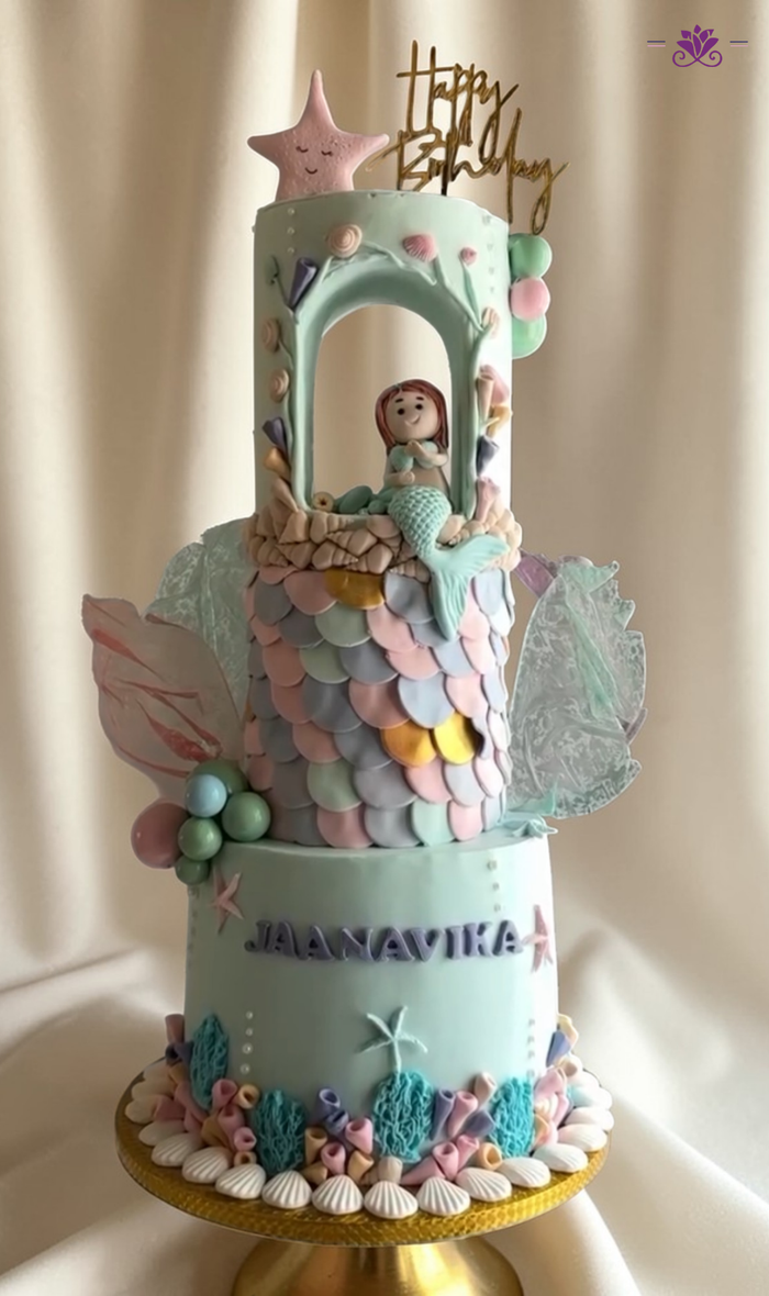 Pastel Mermaid Theme Birthday Cake with Underwater Sea Shell Design