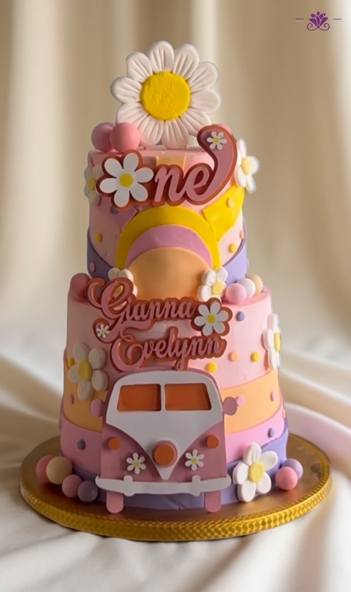 Retro Daisy Rainbow “One” Birthday Cake with Boho Van Theme