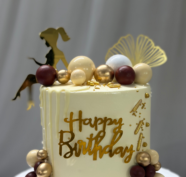 Golden Silhouette Glam & Burgundy Sphere Drip Birthday Cake
