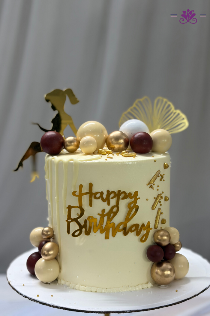 Golden Silhouette Glam & Burgundy Sphere Drip Birthday Cake