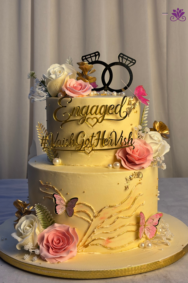 Elegant Pastel Yellow Floral & Butterfly 2-Tier Engagement Cake