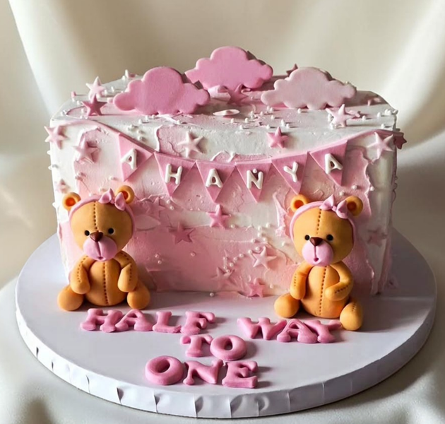 Cute Pink Teddy Bear Half Birthday Cake