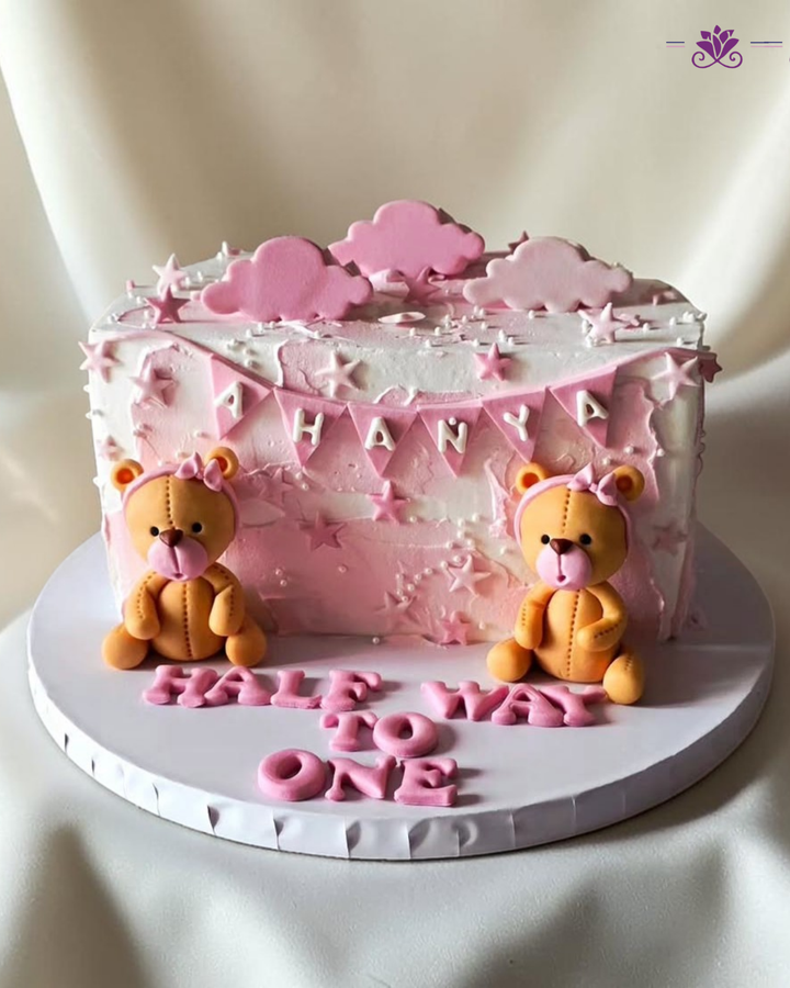 Cute Pink Teddy Bear Half Birthday Cake