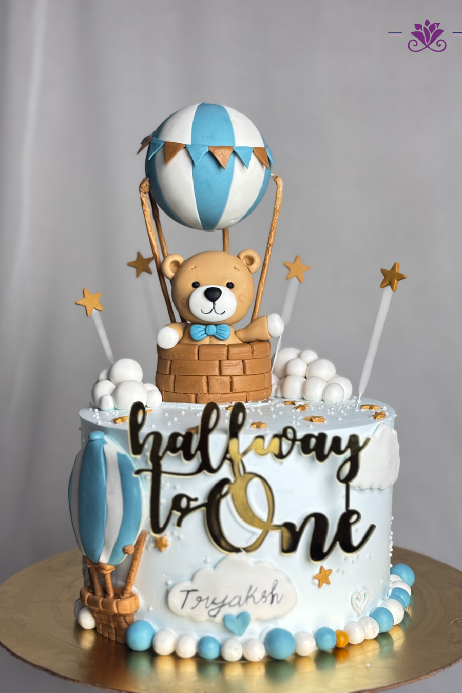 Hot Air Balloon Teddy Bear "Halfway to One" Milestone Cake