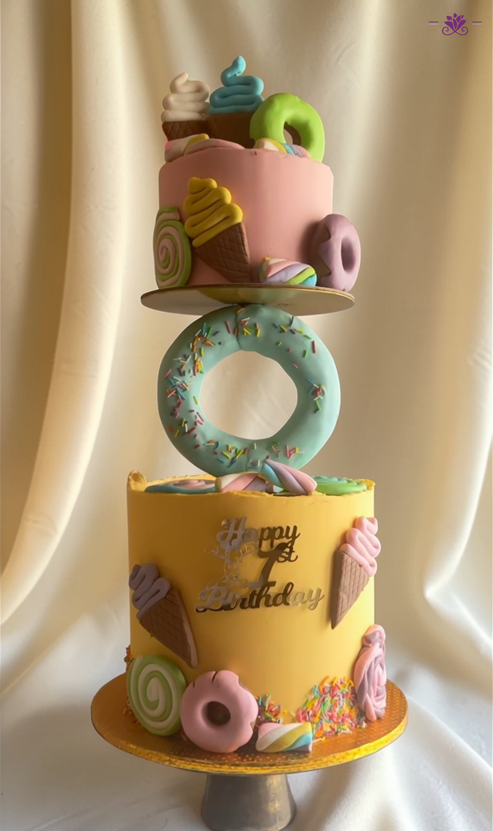 Anti Gravity Donut & Ice Cream Birthday Cake with Candy Theme Design