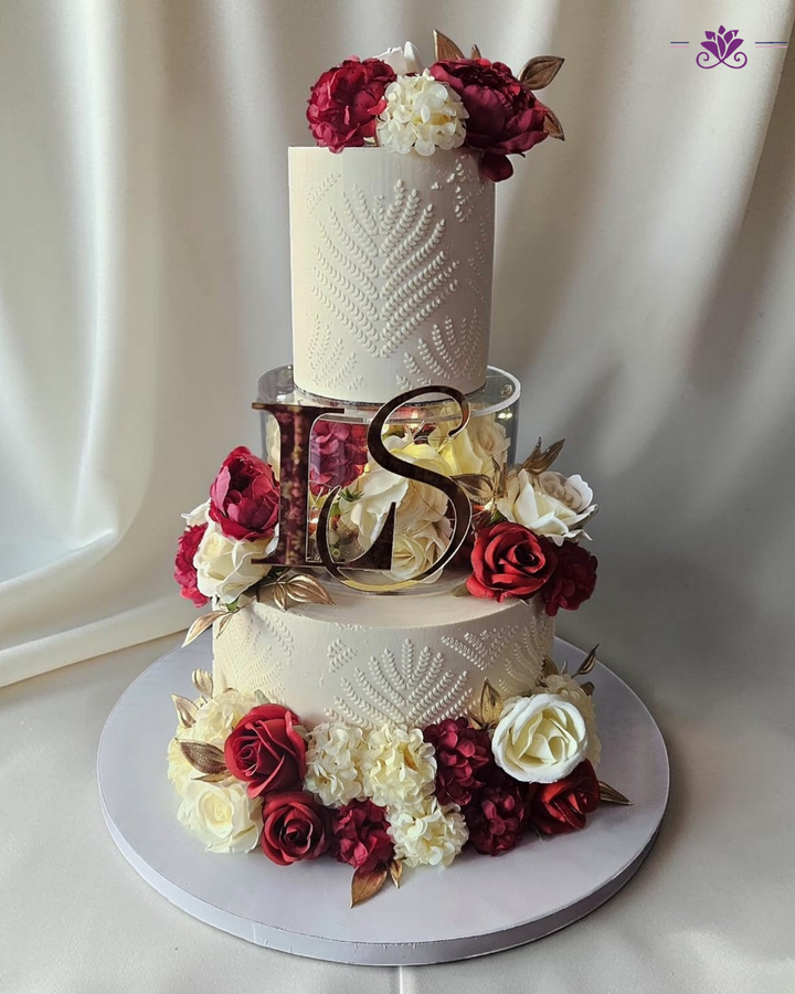Elegant Burgundy & Ivory Floral Wedding Cake