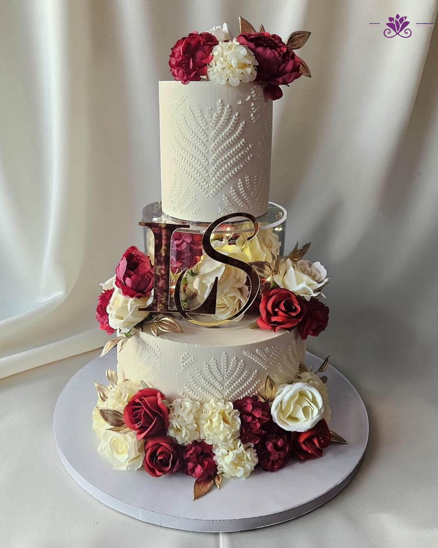 Elegant Burgundy & Ivory Floral Wedding Cake