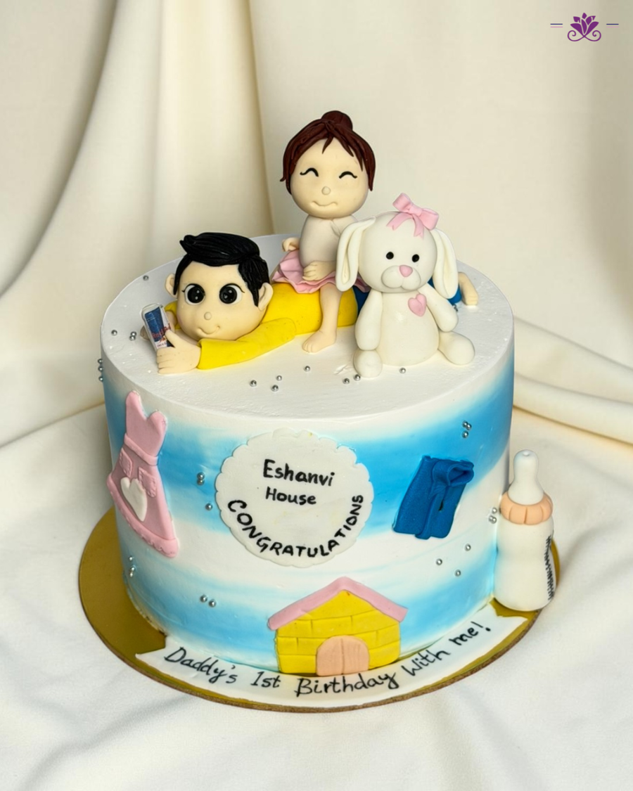 Dad Birthday Theme Cake with Kids Figurines & Family Design