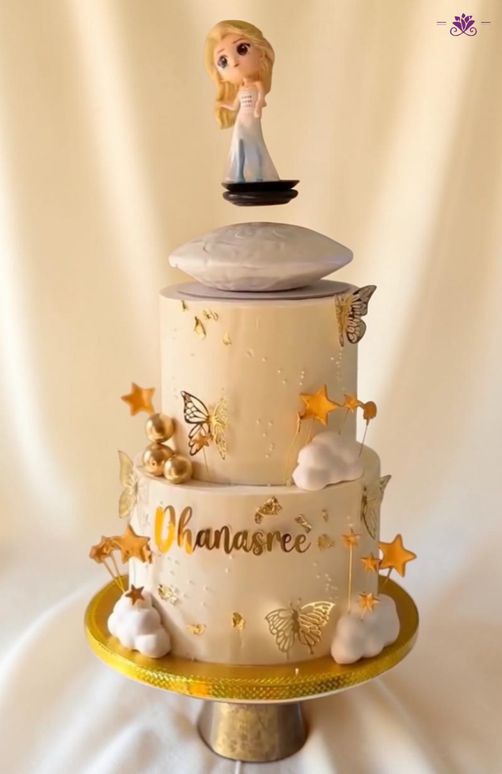 Levitating Princess Theme Cake with Floating Doll Topper, Stars & Clouds Design (Eggless Designer Cake)