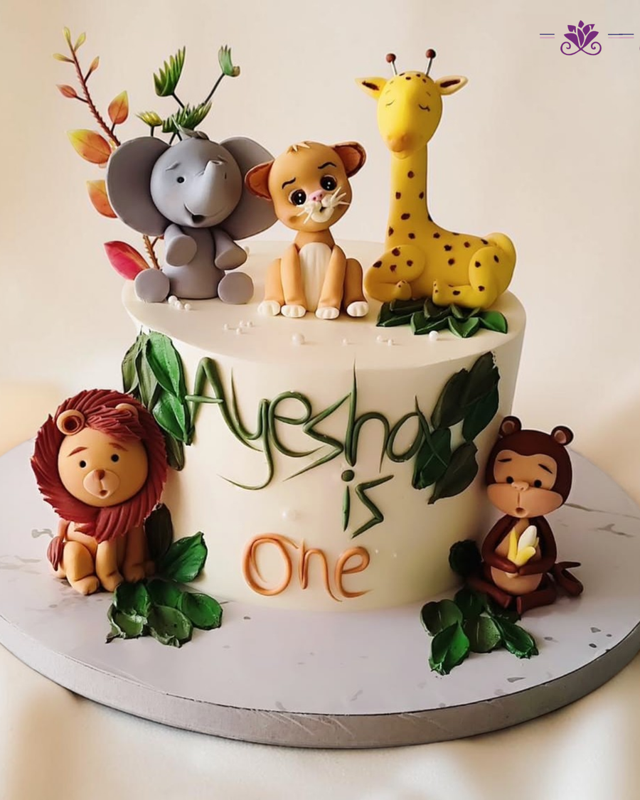 Jungle Safari-themed 1st birthday cake