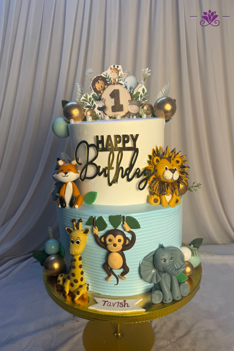 Gold Spheres & Foliage Jungle Animal Tiered Cake