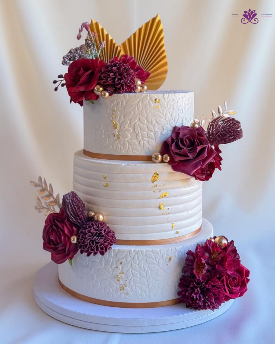 Elegant Burgundy & Gold Luxury Floral Wedding Cake