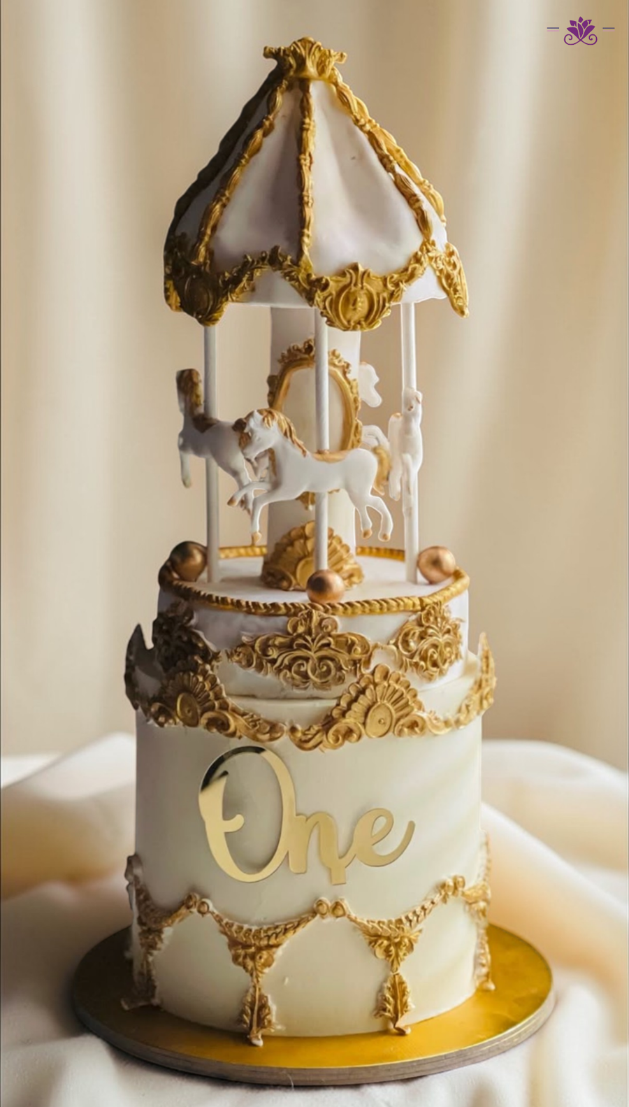 Luxury Carousel First Birthday Cake (White & Gold Theme)