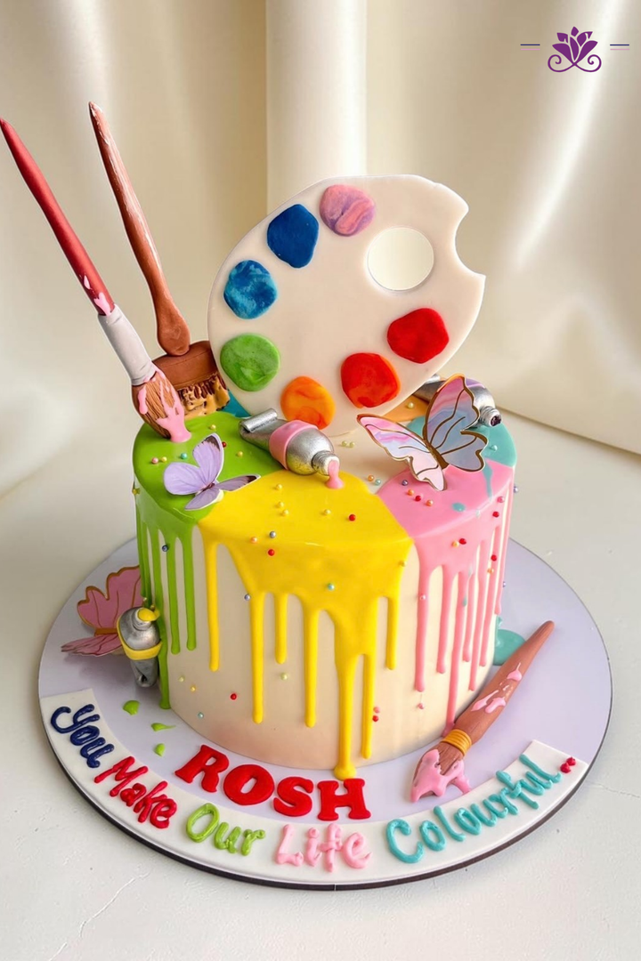 Vibrant artist palette-themed cake