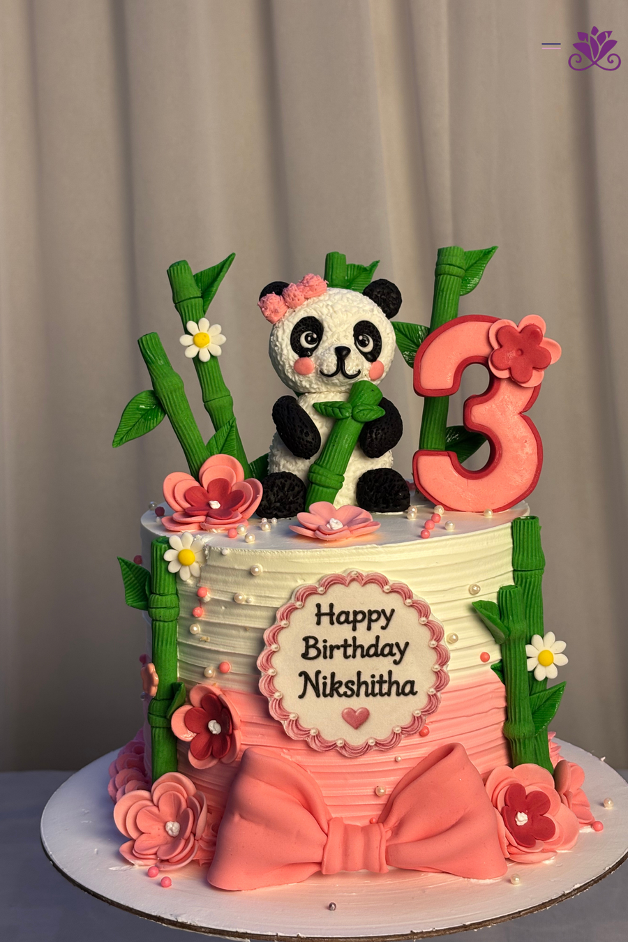 Pink Bamboo Baby Panda 3rd Birthday Cake